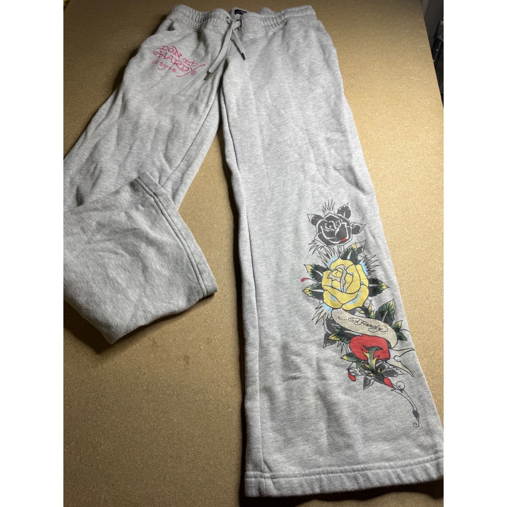 Ed Hardy Womens Gray Tattoo Rose Graphic Sweatpants Y2K Joggers Size M - Picture 6 of 7